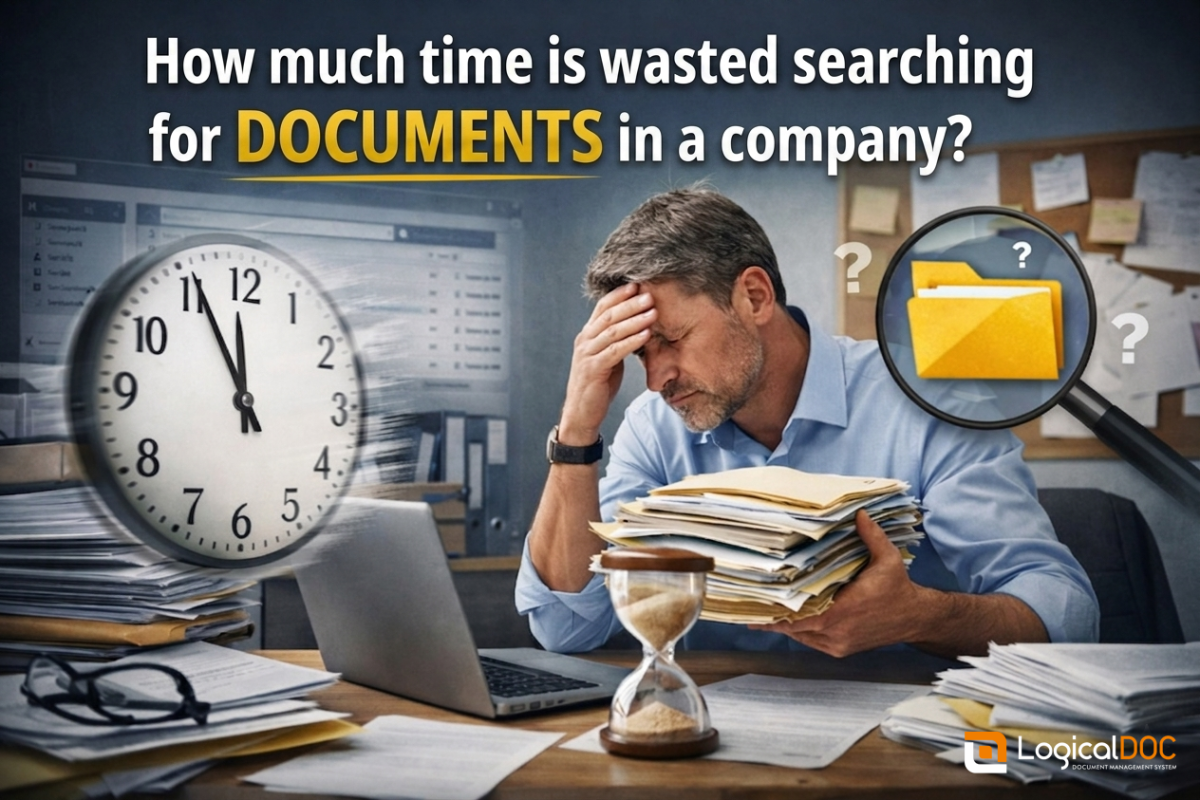 Person in office overwhelmed by documents while searching for a file