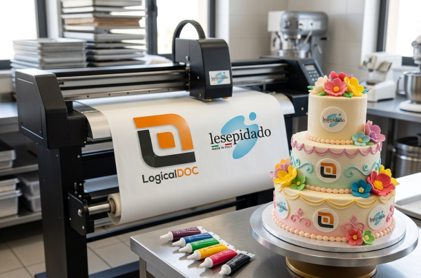 An industrial food printer in a professional bakery kitchen printing the LogicalDOC and Lesepidado logos on a large white sheet, with a decorated three-tier cake in the foreground showcasing both company logos.