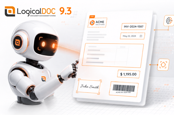 Robot analyzing a digital invoice, symbolizing LogicalDOC 9.3’s AI document processing and object detection